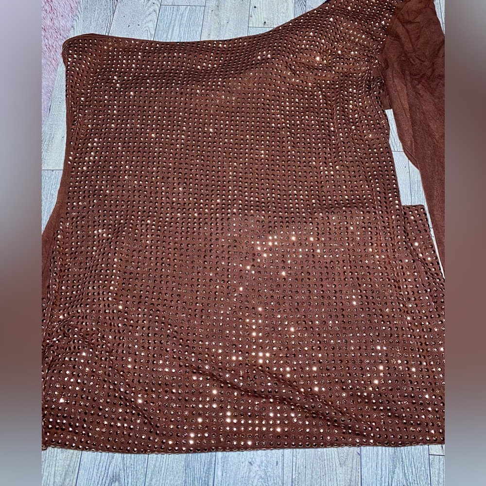 Manito One Shoulder Brown Studded Bodycon Dress‎ Mini/midi Size L